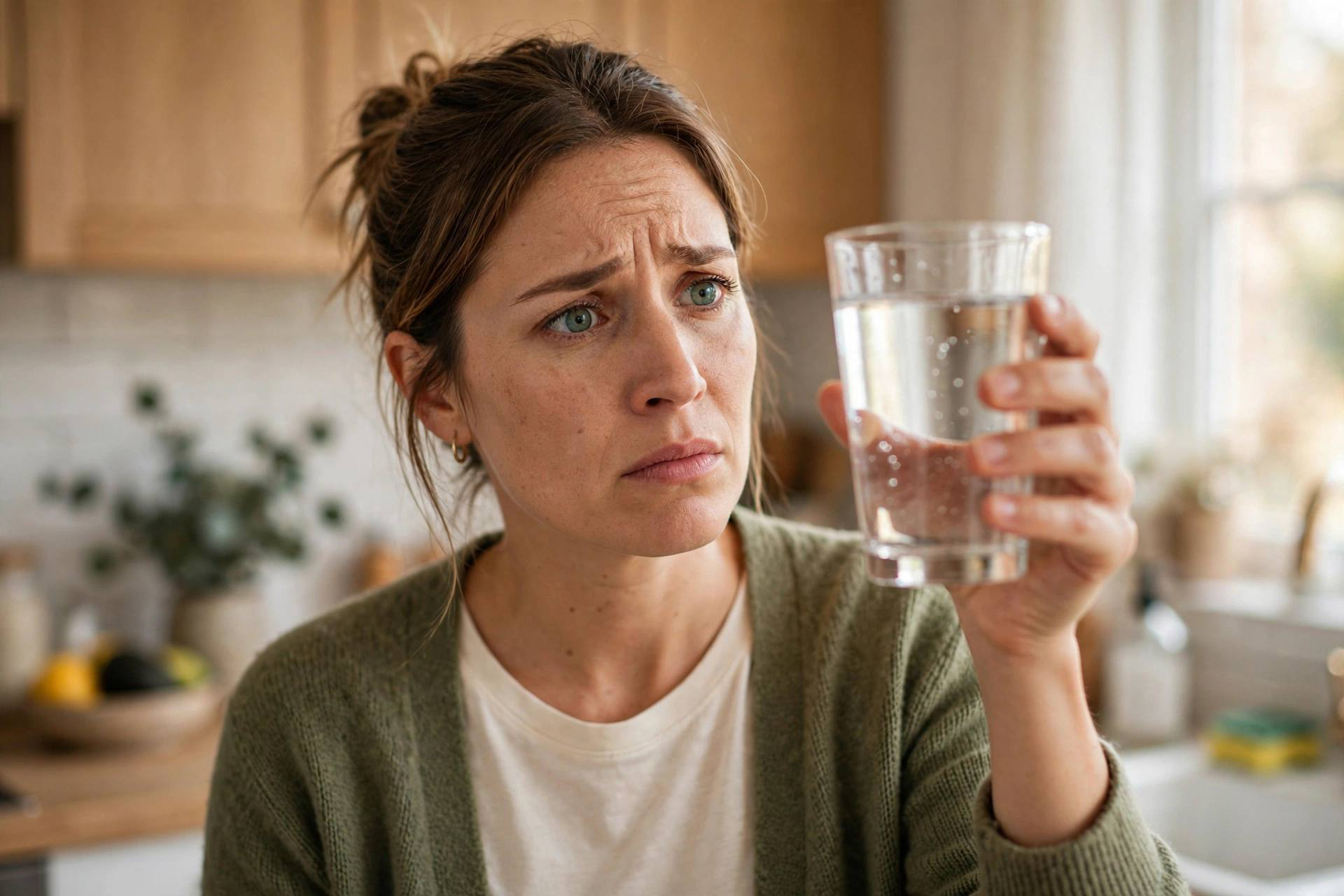 Woman looking closely at a glass of tap water