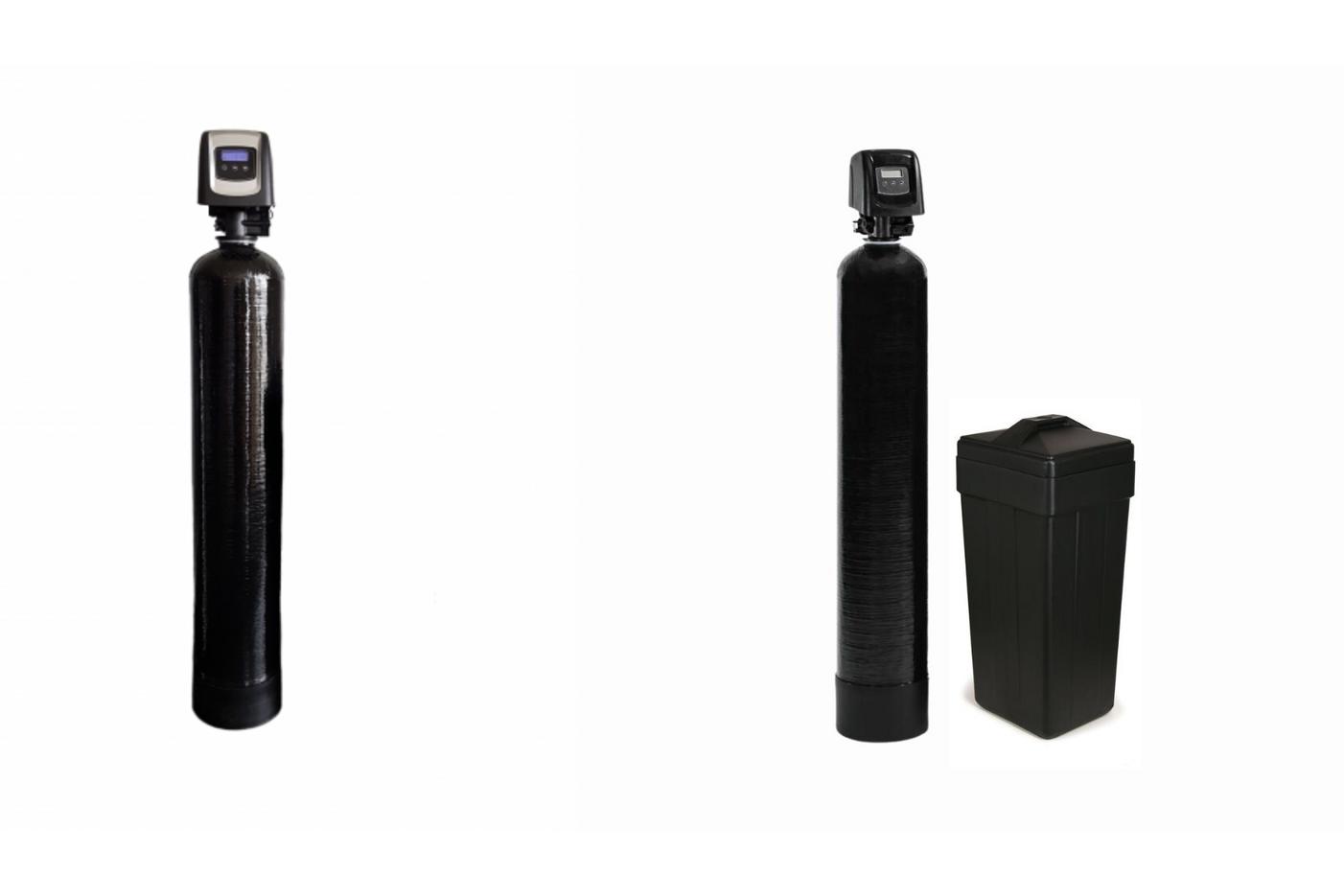 Two-stage whole-home water treatment — catalytic carbon tank beside a water softener and brine tank, each fitted with a Fleck 5800SXT control valve